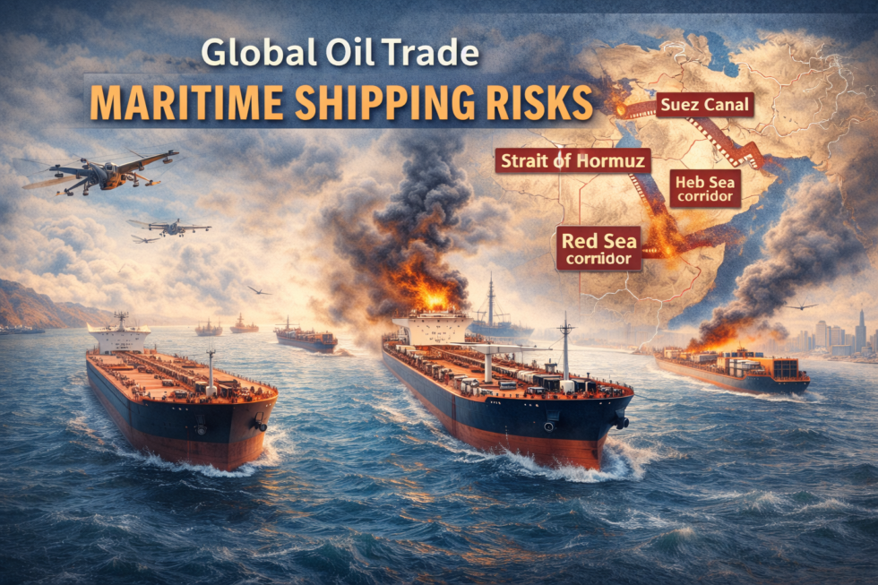 Global oil trade maritime shipping risks illustrated through oil tankers navigating key maritime chokepoints such as the Strait of Hormuz and Suez Canal.