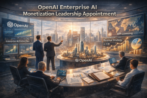 OpenAI enterprise AI monetization leadership appointment illustrated through enterprise AI platforms, corporate partnerships, and revenue strategy indicators.