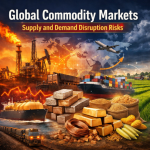 Global commodity markets supply and demand disruption risks illustrated through energy, metals, and agricultural commodities influencing global trade flows.