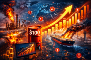 Global oil market reaction to energy infrastructure attacks illustrated with oil pipelines, tanker routes, and rising crude oil price charts reflecting supply risk.
