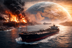 Illustration showing the Middle East crisis impact on global equity markets, with falling stock charts, rising oil prices, and geopolitical risk affecting global financial markets.