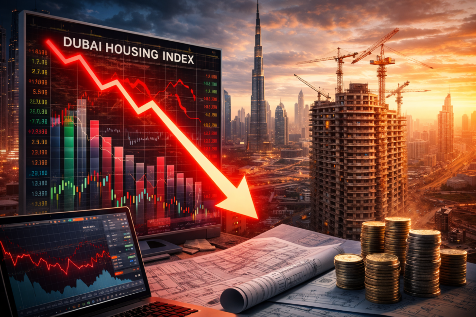 Dubai housing index fall real estate market dynamics illustrated through Dubai skyline residential towers and declining property price charts reflecting cooling demand.