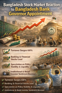 Bangladesh stock market reaction to Bangladesh Bank governor appointment shown through rising trading turnover and increased investor activity in financial sector stocks.