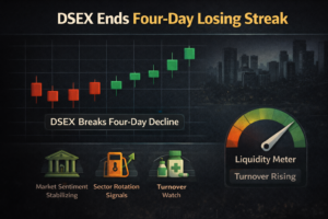 DSEX index recovery after four-day decline analysis showing renewed buying activity, sector rotation, and trading turnover changes on the Dhaka Stock Exchange.