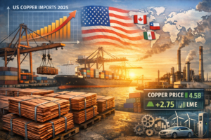 US copper imports surge 2025 trade dynamics illustrated through copper cathode shipments at a port warehouse and industrial supply chain activity.
