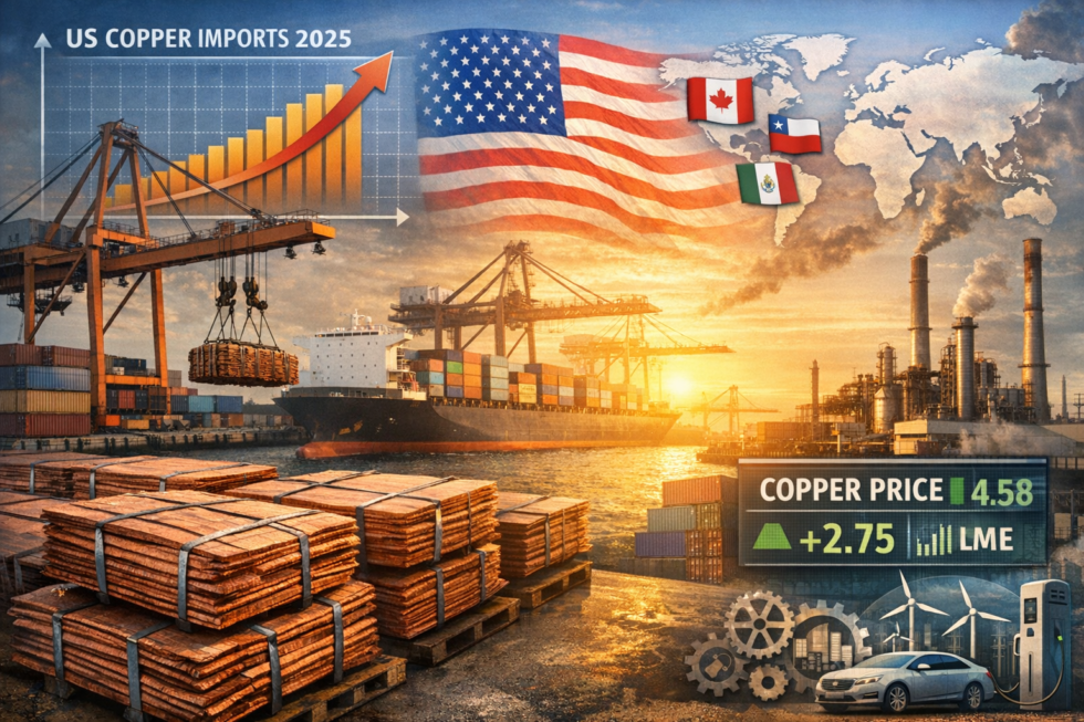 US copper imports surge 2025 trade dynamics illustrated through copper cathode shipments at a port warehouse and industrial supply chain activity.