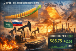 OPEC plus oil production increase market implications illustrated through oil pumpjacks, global energy supply routes, and crude oil market indicators.