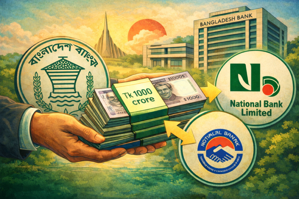 National Bank Tk 1,000 Crore Liquidity Support Before Eid reflected in a bank branch cash counter handling pre-Eid withdrawal activity