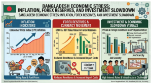 Bangladesh economic stress inflation forex and investment slowdown illustrated through currency movement charts, inflation indicators, and economic activity slowdown visuals.