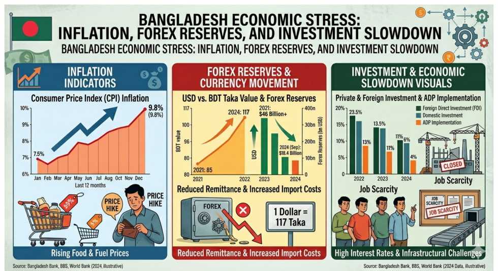 Bangladesh economic stress inflation forex and investment slowdown illustrated through currency movement charts, inflation indicators, and economic activity slowdown visuals.