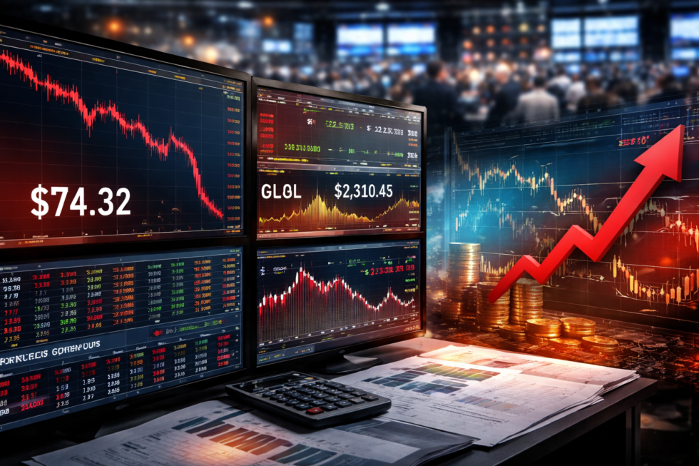 Global trading groups losses market volatility impact illustrated through trading screens, commodity price charts, and financial market fluctuations.