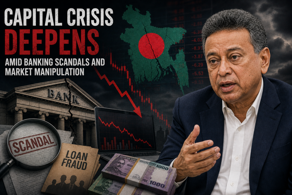 Bangladesh Capital Crisis discussed alongside banking scandals, market manipulation, and financing pressure affecting investor confidence