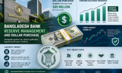 Bangladesh Bank reserve management and dollar purchase illustrated through forex charts, currency reserves, and banking liquidity visuals.
