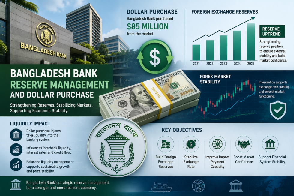 Bangladesh Bank reserve management and dollar purchase illustrated through forex charts, currency reserves, and banking liquidity visuals.