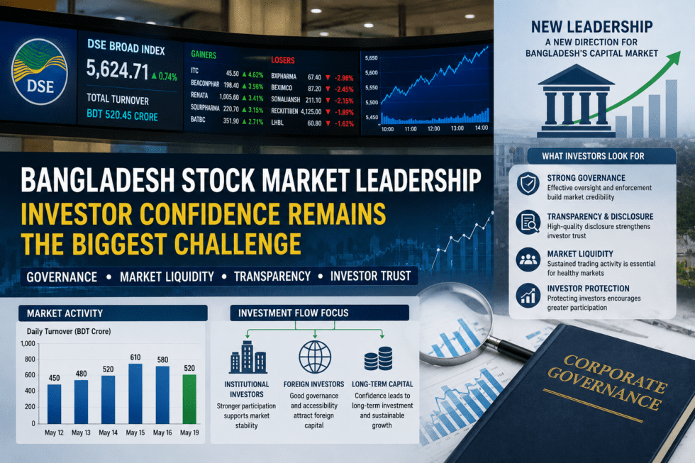 Bangladesh stock market leadership and investor confidence illustrated through market charts, trading activity, and governance-focused capital market visuals.