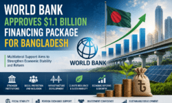 World Bank financing package for Bangladesh illustrated through economic growth charts, infrastructure development, and fiscal stability visuals.