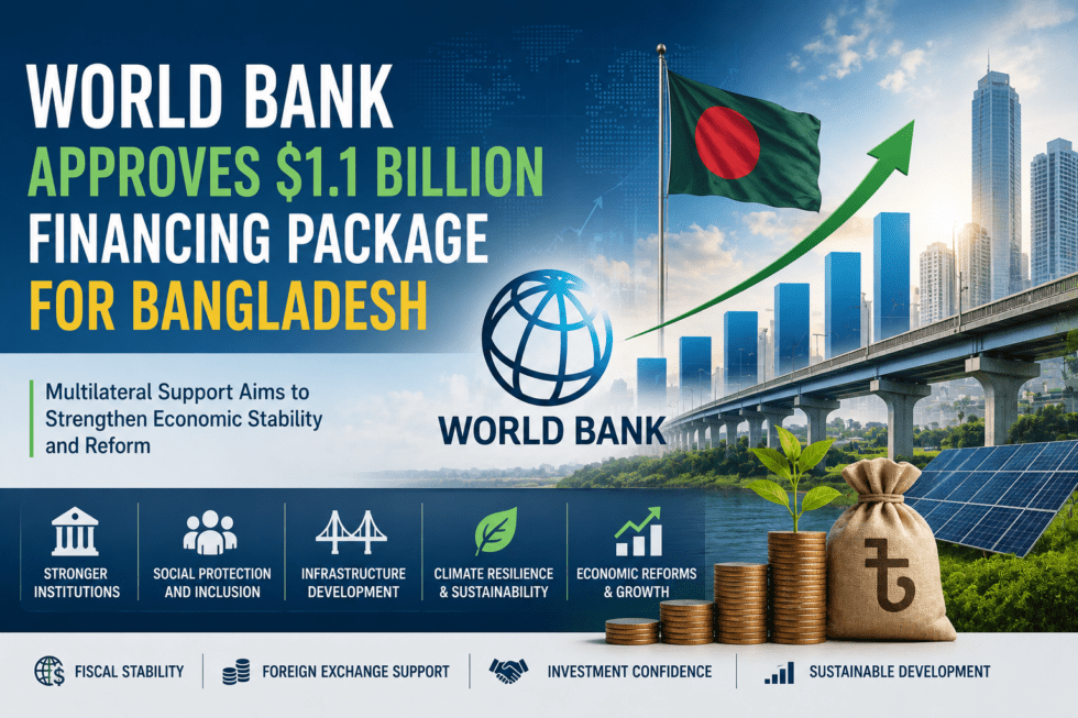 World Bank financing package for Bangladesh illustrated through economic growth charts, infrastructure development, and fiscal stability visuals.