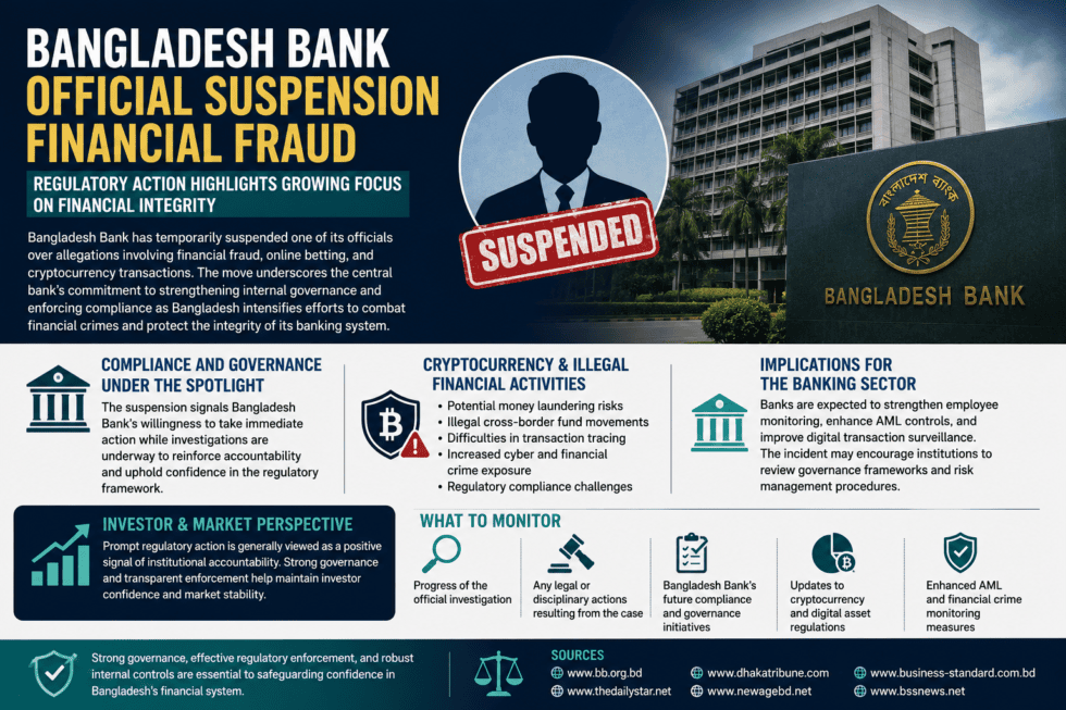 Bangladesh Bank official suspension financial fraud governance and compliance illustration