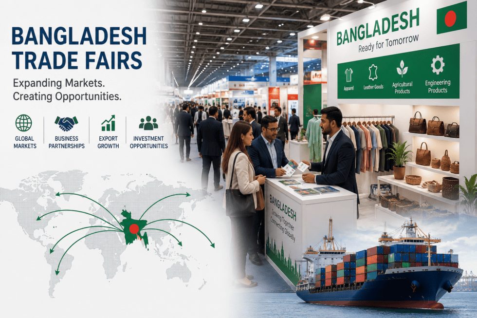 Bangladesh Trade Fairs showcasing export products, business networking, and international buyers as part of the country's export diversification and post-LDC trade strategy.