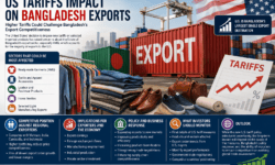 US tariffs impact on Bangladesh exports illustrated through shipping containers, export trade, RMG industry, and global supply chain visuals.